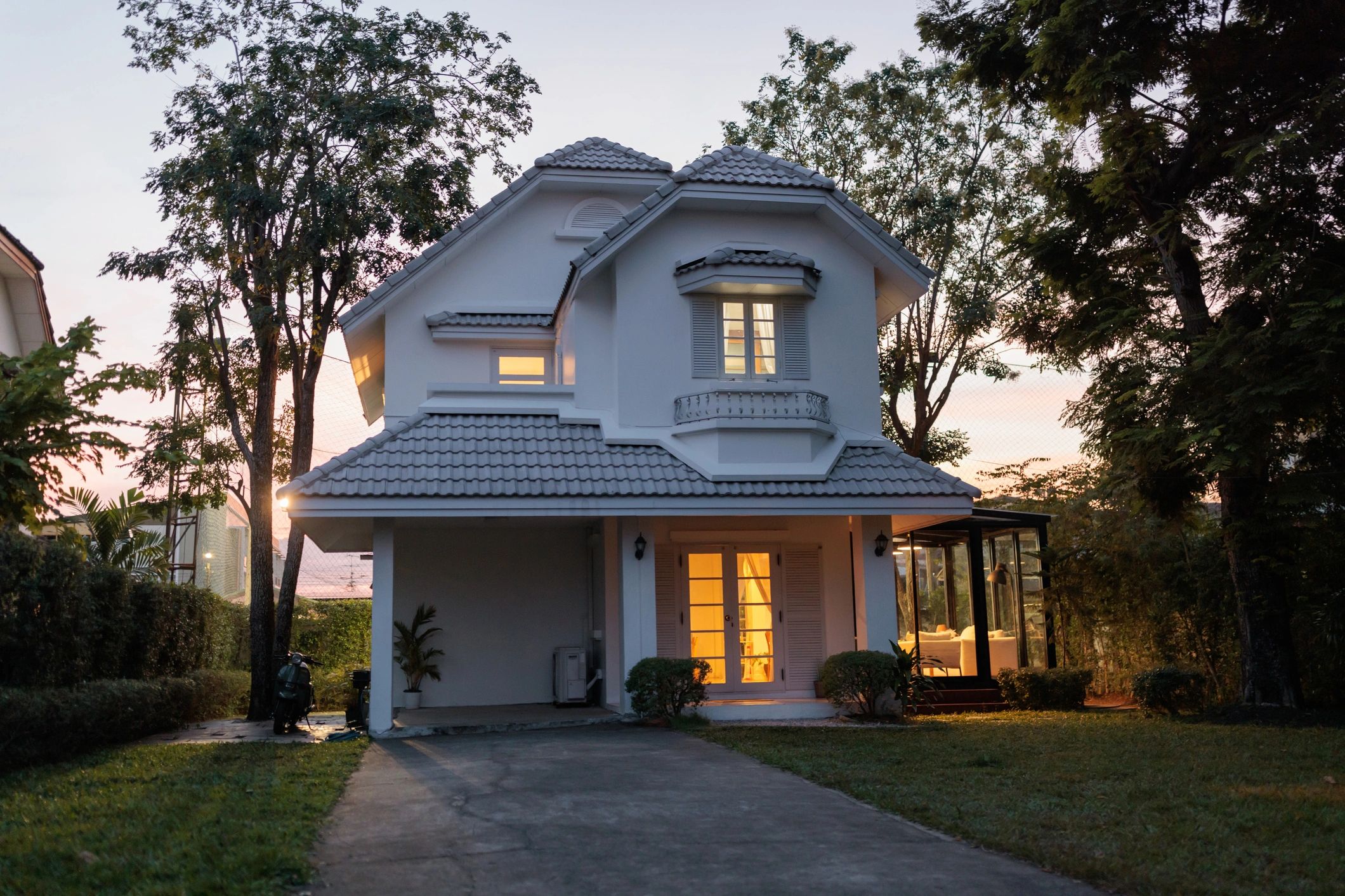 Renovated residential property exterior at dusk